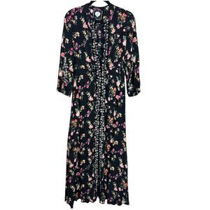 Z&L Europe Boho Black 3/4 Sleeve Embroidered Floral Maxi Dress S